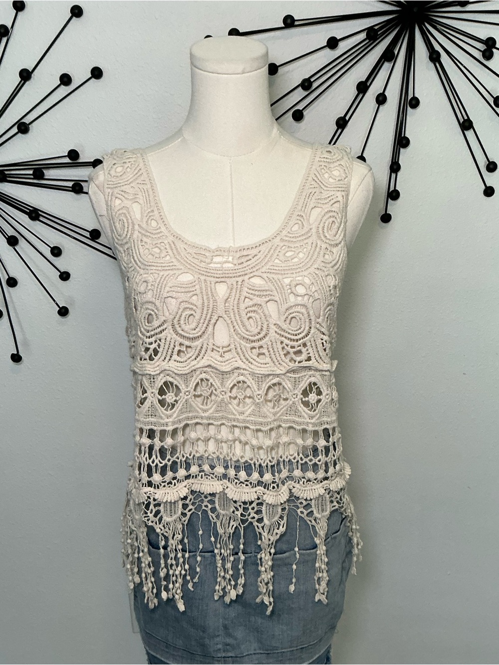 Ellie & Kate Ivory Crochet Lace Fringe Tank Top Boho Festival L XL